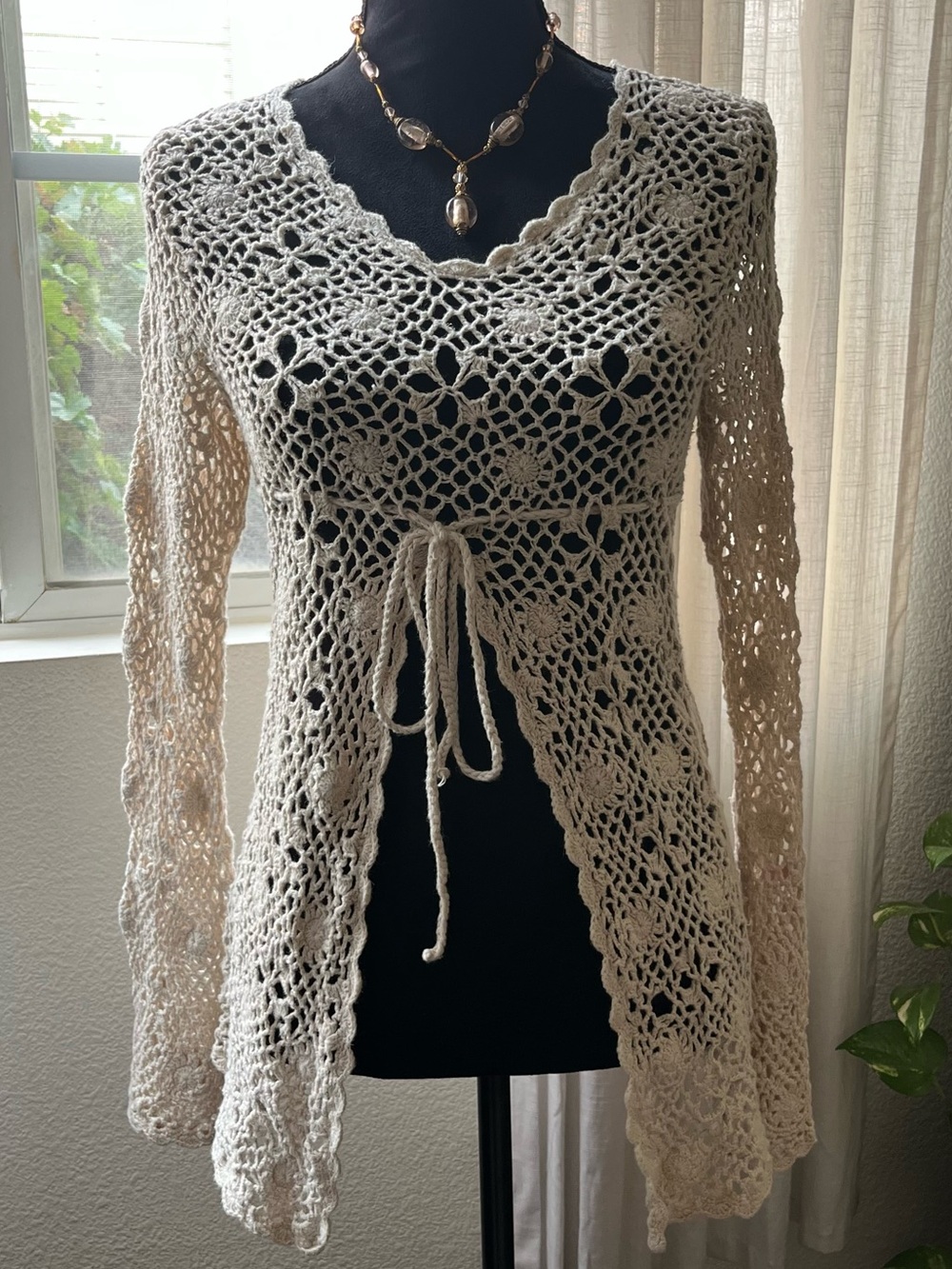 Y2K Cream Open Knit Crochet Top with Flared Bell Sleeves